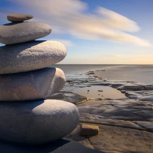 Beautiful view of sea from shore and some rocks balanced